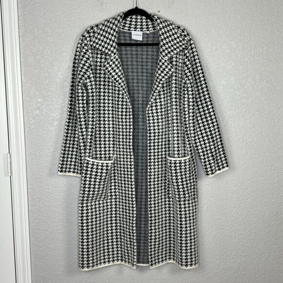 CYRUS Size M Coatigan Open Cardigan Coat Long Black White Houndstooth Pockets - Picture 2 of 6